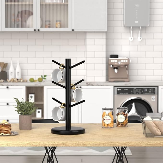 Dorhors Mug Holder Tree,Coffee Cup Holder with 6 Hooks, Wood Mug Rack for Counter,Coffee Bar Accessories and Orgnizer Station,Black