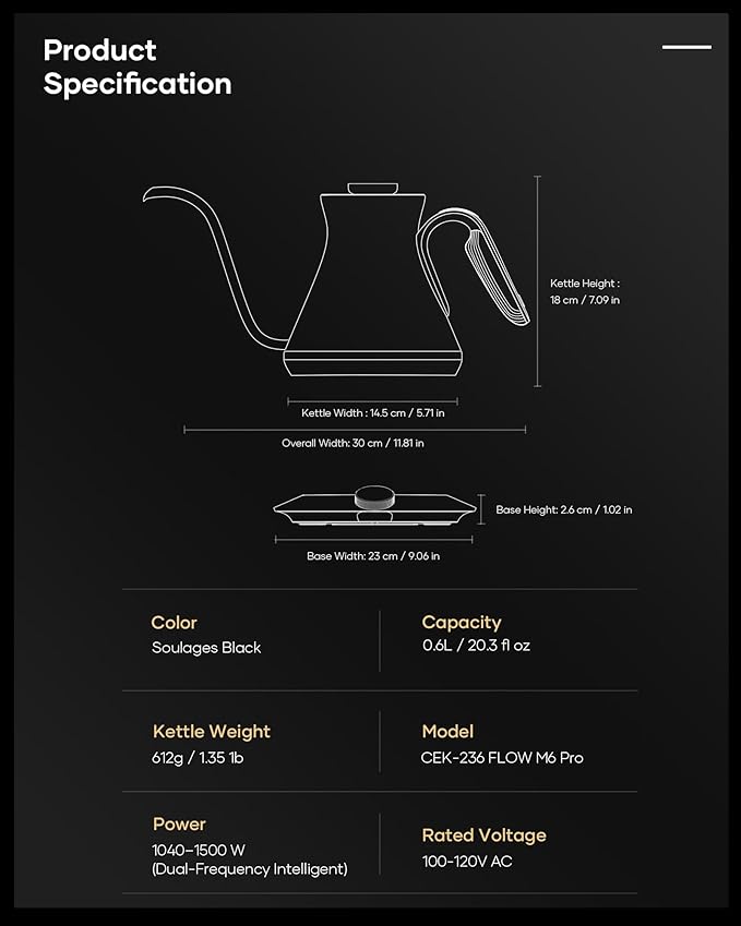 Cocinare FLOW M6 Pro Electric Gooseneck Kettle, ±0.5℉ Temperature Control for Pour-over Coffee & Tea, Stainless Steel Interior, Quick Heating for Boiling Water (Soulages Black)