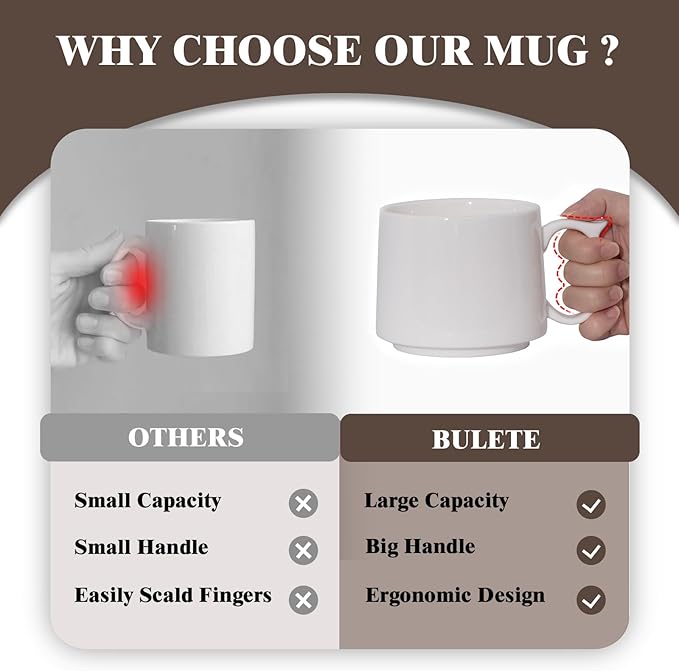 Coffee Mugs Gift Set of 4, Large 19 oz Stackable Ceramic Coffee Mug, Coffee Cups with Large Handle for Latte, Cappuccino, Milk, Dishwasher & Microwave Safe, Ideal Gift for Men, Women - White