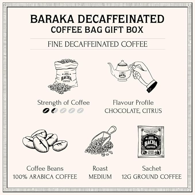 Bacha Coffee | Baraka Fine Flavoured, 100% Arabica Specialty Coffee Beans, Medium Roast, x12 Individually Wrapped Single Serve Filter Bags