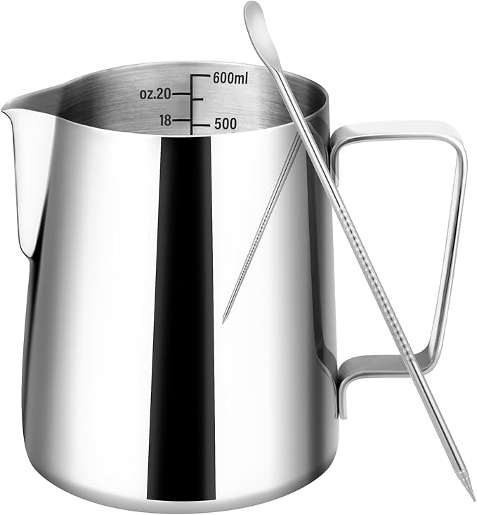 Milk Frothing Pitcher, 20oz Milk Frother Cup with Clear Scale, 304 Stainless Steel Cappuccino Espresso Machine Accessories for Barista Coffee Bar with Latte Art Pen, Silver