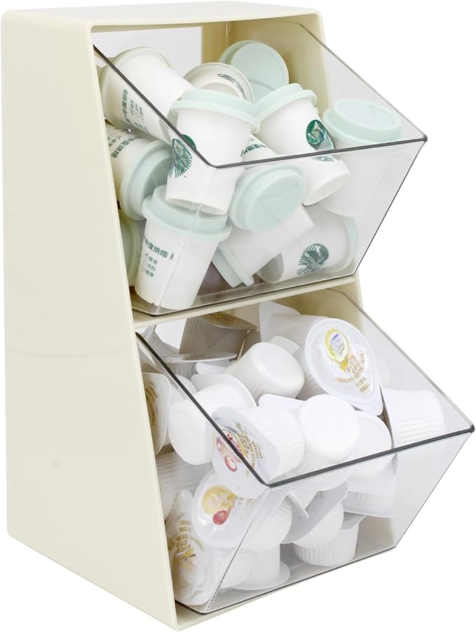 Bokelai Coffee Pod Holder with 2 Large Capacity Basket K Cup Storage Container Coffee Bar Accessories for Creamer Suger Plastic Desk Box Tea Bag Organizer Creamy White/Clear