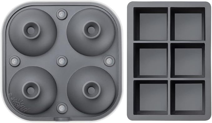 Samuelworld Large Silicone Premium Ice Trays, 2-Pack Combo, 2 Inches Big Cubes & 2.5 Inches Sphere Ice Molds - BPA Free, Craft Ice Maker for Gifting, Whiskey, Cocktails, Easy Release - Gray