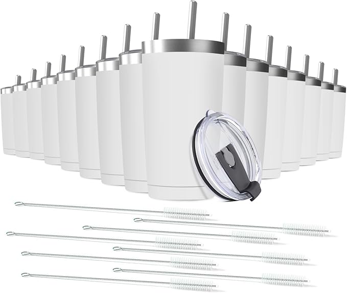 16 pack 20 oz Stainless Steel Insulated Tumbler with Straw and Lid, Double Wall Travel Coffee Mug Vacuum Insulated Bulk Tumbler, Suitable for Vehicle Cup Holders （White）