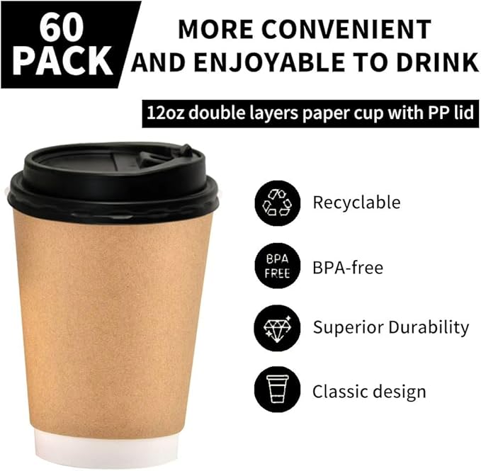 Disposable Coffee Paper Cups Of 12oz With lids, Double Wall Insulated Hot To go Cups With Lids, Hot Coffee Cups With Lids For Coffee Supplies, Daily Usage Or Any events