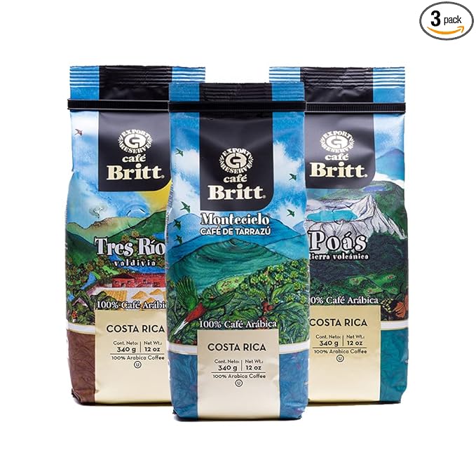 Café Britt® - Costa Rican Origins Coffee Bundle (12 oz.) (3-Pack) (Coffee From: Tarrazú, Tres Ríos & Poás) - Whole Bean, Arabica Coffee, Kosher, Gluten Free, Gourmet & Medium Light & Dark Roast