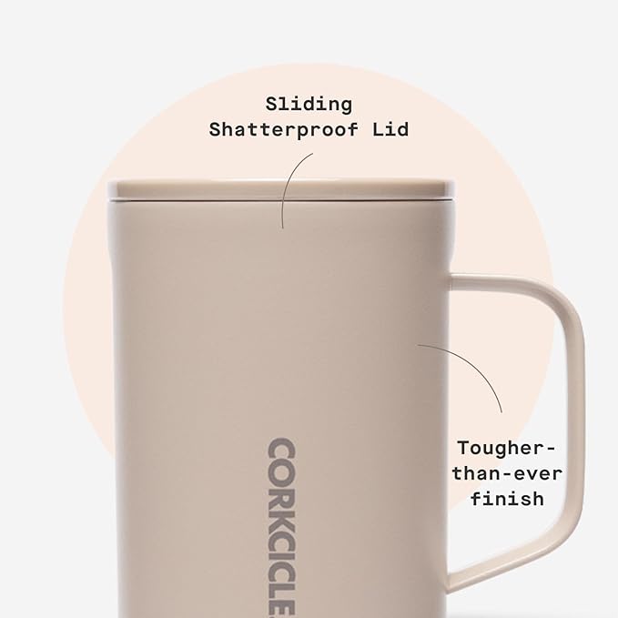 Corkcicle Classic Coffee Mug - Triple Insulated Stainless Steel Travel Mug - Shatter-Proof Lid - Easy Grip - Keeps Drink Hot Over 3 Hours - Holiday Mug Gift - Great for Gifting Warmth - 16 oz - Desert