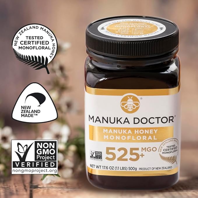 Manuka Doctor - MGO 525+ Manuka Honey Monofloral, 100% Pure New Zealand Honey. Certified. Guaranteed. Raw. Non-GMO (17.6 oz)