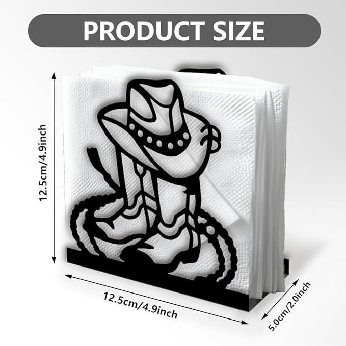 Cowboy Boot Decorative Black Metal Napkin Holder for Table, 4.9" x 4.9" x 2" Western Hat Lasso Standing Napkin Holder for Home Kitchen Restaurant Picnic Party Coffee Bar Dining Room
