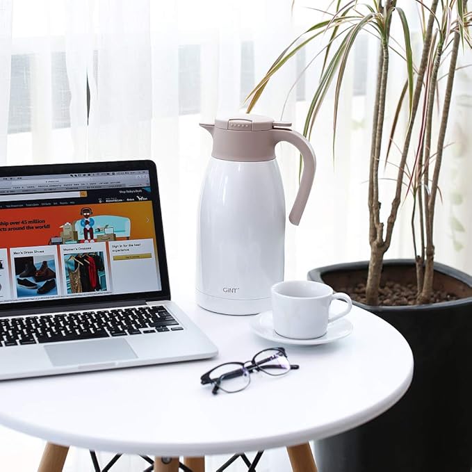 GiNT 1.9L / 64Oz Thermal Coffee Carafe, Insulated Stainless Steel Coffee Carafes for Keeping Hot/Double Walled Vacuum Thermal Carafe (White)