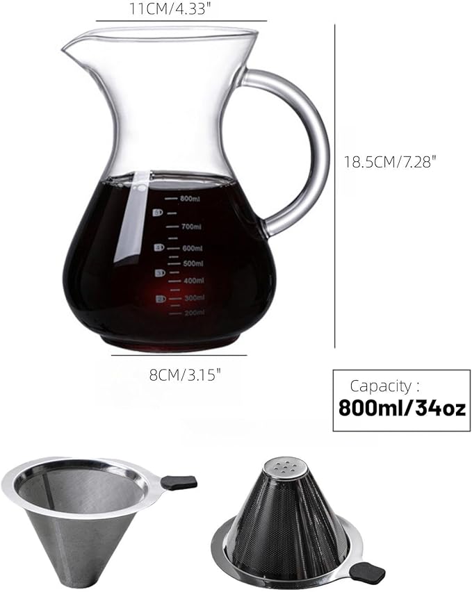 34oz Pour Over Coffee Maker with Stainless Steel Filter, Thickened Heat-Resistant Borosilicate Glass Dripper & Carafe, Stovetop Safe Hand Coffee Brewer with Handle for Home, Office, Camping (34oz)