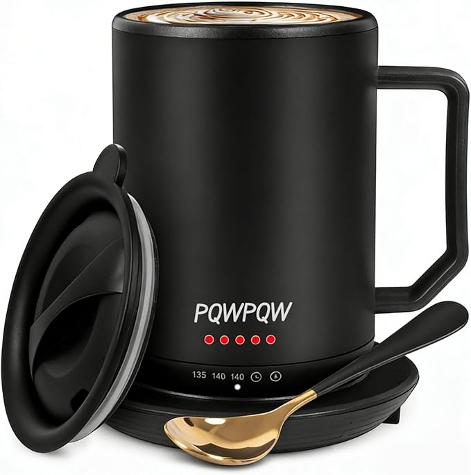 Smart Temperature Control Heated Coffee Mug - 12 oz Rechargeable Auto Heat Keeping Cup, 3-Level Settings/Dry-Boil Protection, Portable for Office Home Gift (Black)