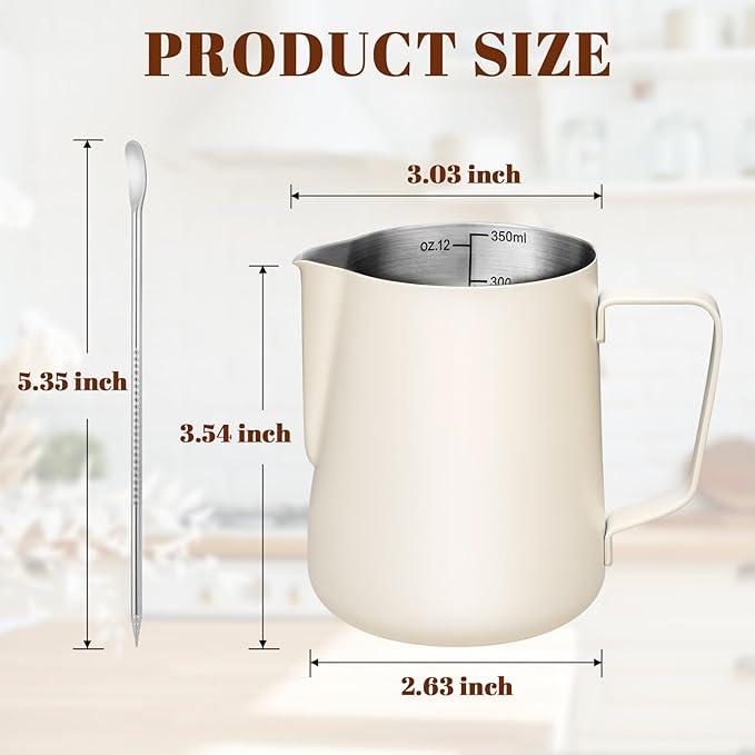 Milk Frothing Pitcher, 12oz Milk Frother Cup with Clear Scale, 304 Stainless Steel Cappuccino Espresso Machine Accessories for Barista Coffee Bar with Latte Art Pen, White