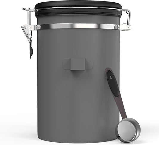 HAIOOU Large Coffee Canister, 38OZ Oversized Stainless Steel Coffee Bean Storage Container with Date Tracker, Measuring Scoop, CO2 Releasing Valves for Beans, Grounds and more - Gray