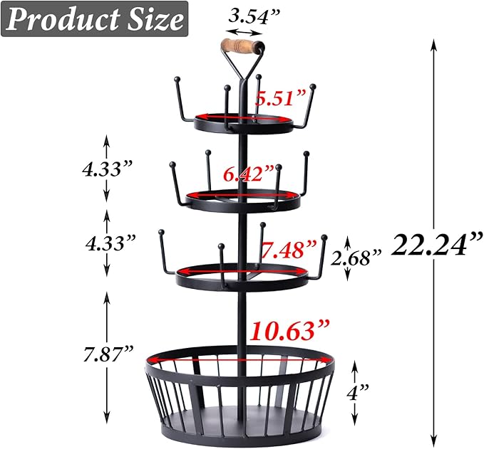 Coffee Cup Tree, Black Metal Coffee Tree Mug Holder, 4 Tiers Cup Trees Stand for 12 Mug Hooks with Storage Basket & Wooden Handle, Mug Rack Countertop for Counter Bar Kitchen
