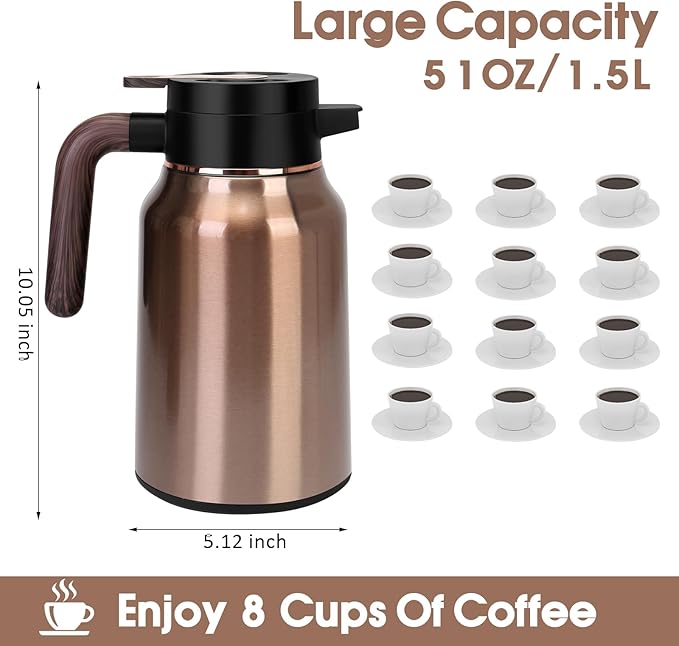 51oz Thermal Coffee Carafe, Stainless Steel Carafes for Hot Liquids 12 Hours, Insulated Coffee Carafes For Keeping Hot Coffee, Hot Water, Tea, Hot Beverage (Gold)
