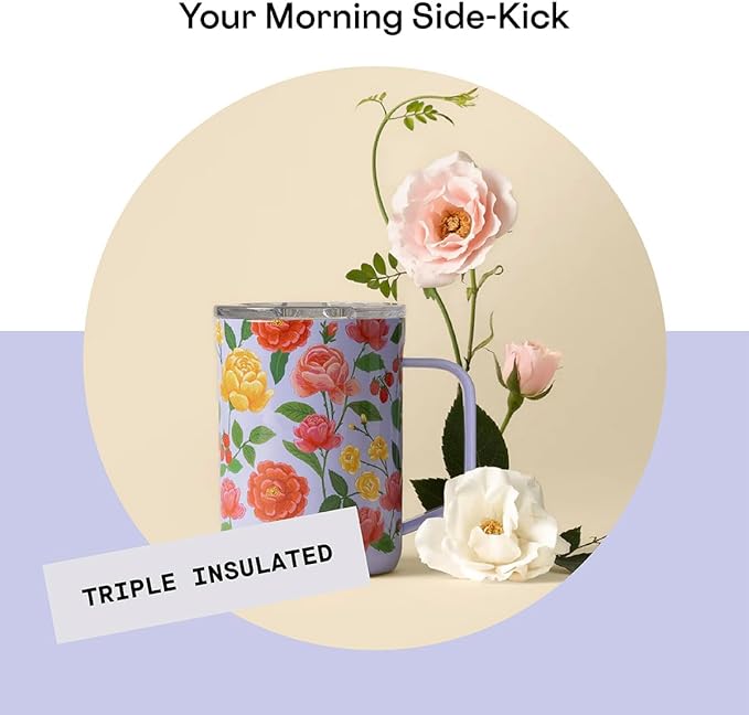 Corkcicle x Rifle Paper Co. Triple Insulated Coffee Mug with Lid and Handle, Roses Purple, 16 oz – Stainless Steel Travel Mug Keeps Beverages Hot for 3+ Hours – Non-Slip, Easy-Grip, Spill-Resistant
