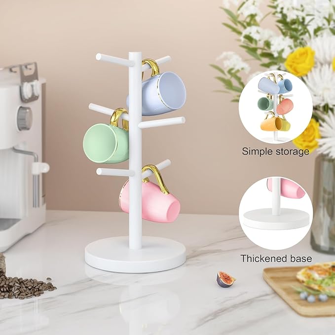 Wisuce Black Coffee Mug Tree Bamboo Mug Holder Coffee Cup Stand Mug Holders for Countertop Coffee Mug Rack Organizer Stand (White)