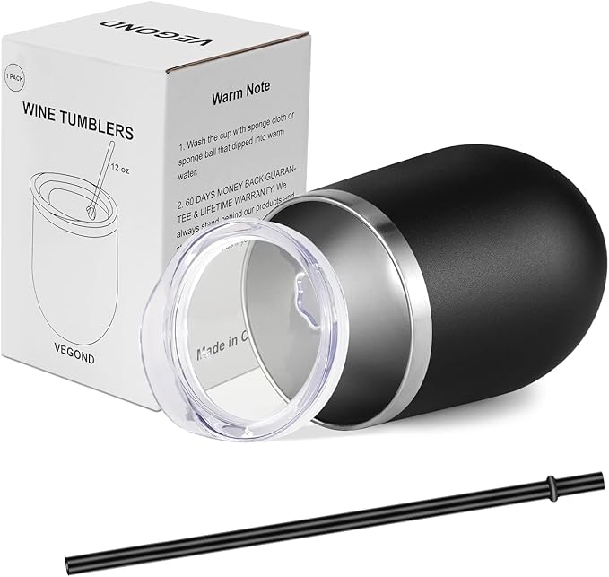 VEGOND 12oz Stainless Steel Wine Tumbler with Lid and Straw, Double Wall Vacuum Insulated Stemless Wine Glass Tumbler Cup, Coffee Mug for Cold Hot Drinks