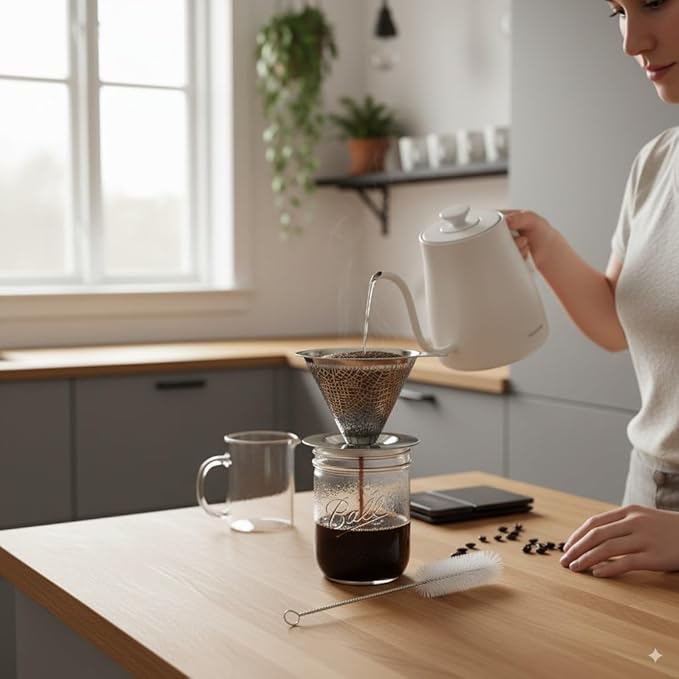 Reusable Stainless Steel Pour Over Drip Coffee Filter for Mason Jars,Fits Wide Mouth & Regular Jars, Manual Brew Coffee Dripper,No Paper Filters Needed,Rustproof,Dishwasher Safe