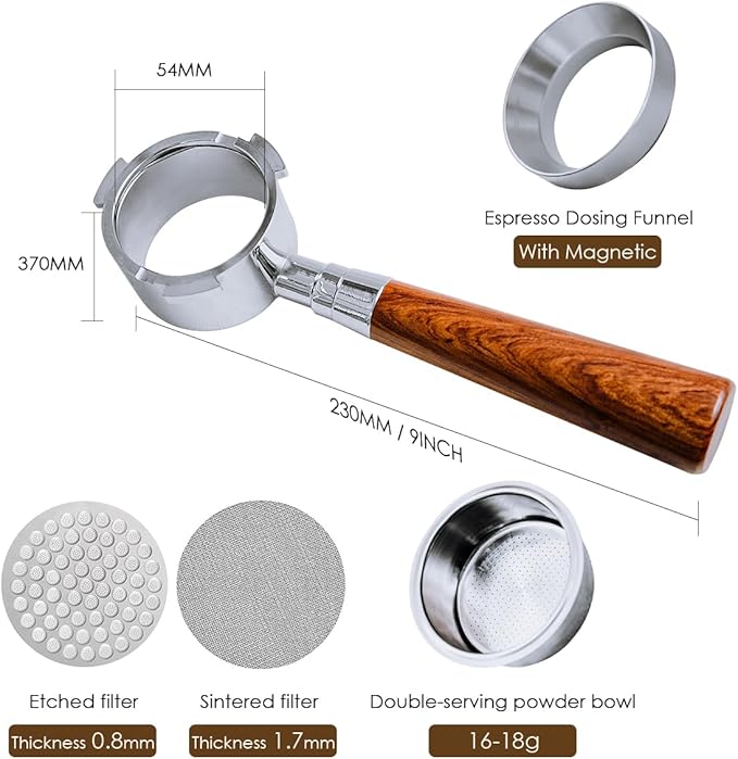 54mm Bottomless Portafilter with 3 Ears, Includes Magnetic Dosing Funnel, Etched & Sintered Filter Screens, Double Shot Basket, Stainless Steel Holder with Redwood Handle, Fits Breville54mm Machines