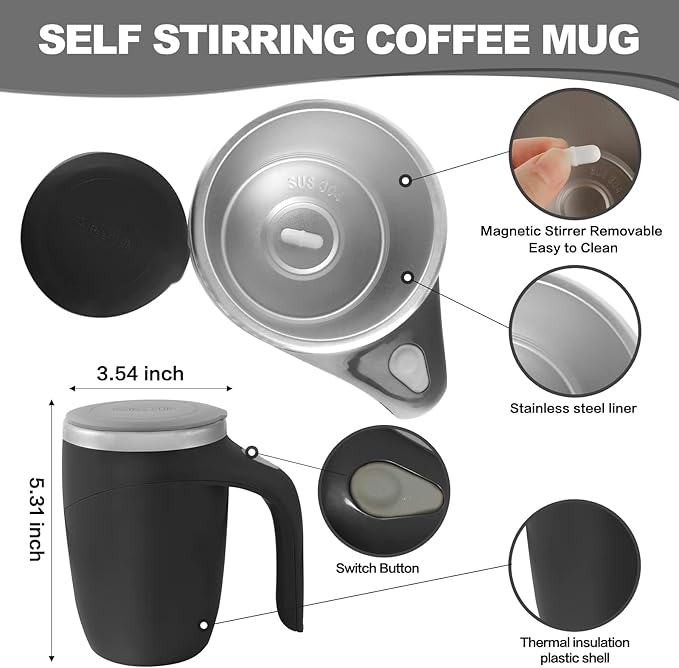 Automatic Magnetic Stirring Coffee Mug, Rotating Home Office Travel Mixing Cup，Funny Electric Stainless Steel Self Mixing Coffee Tumbler, Suitable for Coffee, Milk, Cocoa and Other Beverages……