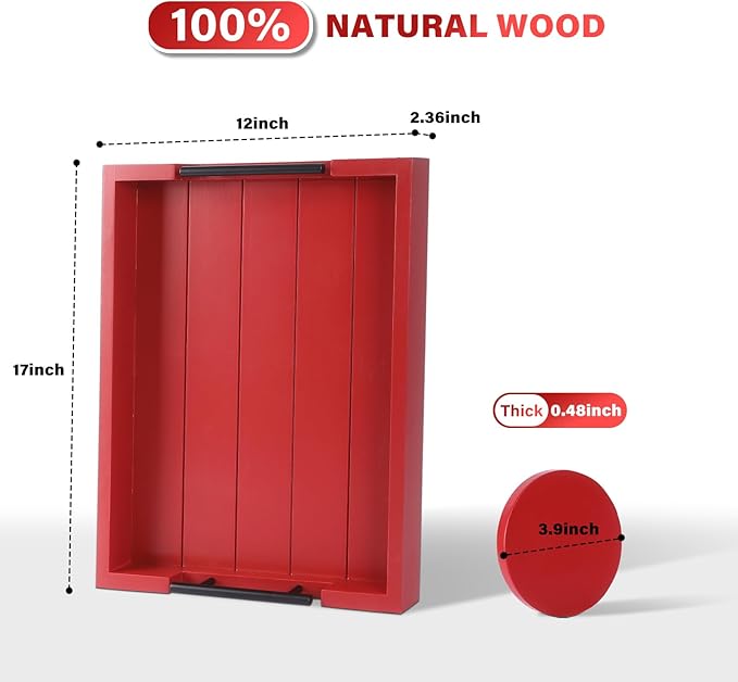 Ottoman Serving Tray | Decorative Coffee Table Tray with Handles – 17x13 Inch Wooden Tray with 4 Coasters for Breakfast, Kitchen & Bar