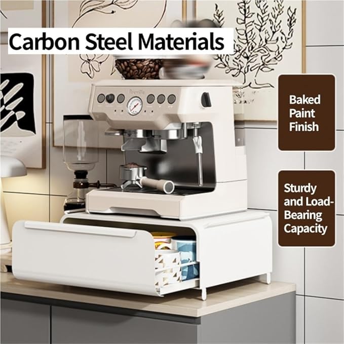 Pull-Out Metal Mug Holder, Countertop Coffee Bar Organizer and Spice Rack, Microwave Stand with Drawer, Stackable Kitchen Counter Organizer(White)