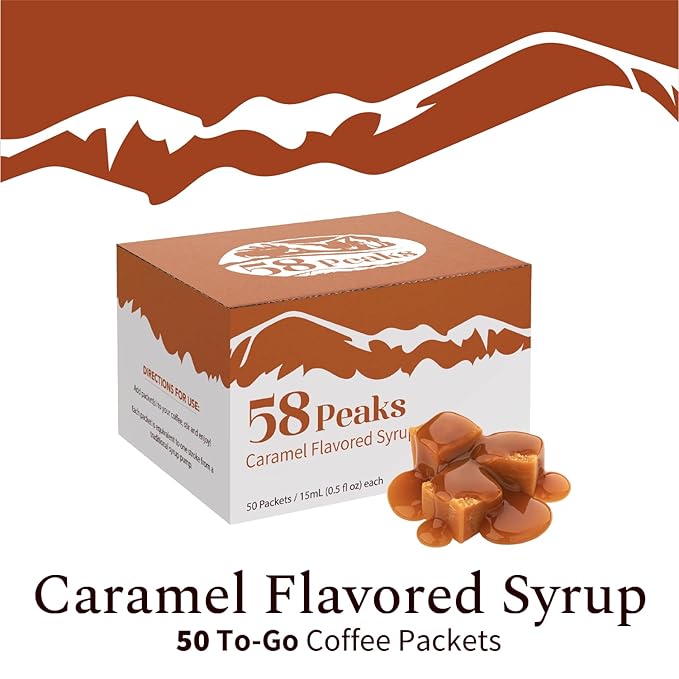 58Peaks Caramel Flavored Syrup Sweetener Packets for Hot and Cold Drinks | To-Go Syrup Flavoring Perfect for Coffee, Tea, Milkshake and More | Flavored Coffee Syrups for Travel | 15mL | 50-Pack