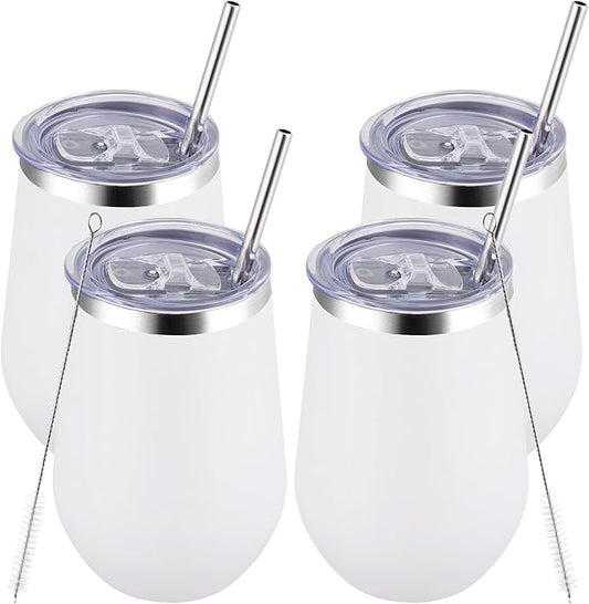 MEWAY Durable 12oz Stainless Steel Wine Tumbler with Lid and straw - Vacuum Insulated Coffee and Wine Cup for Travel, Parties, and Outdoor Events(White, Set of 4)