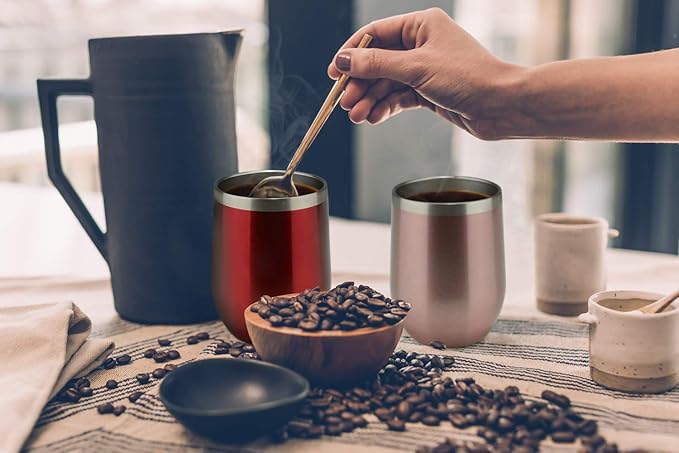 MEWAY 12oz/4 Pack Wine Tumbler Glasses with Lid - Stemless Double Wall Vacuum Stainless Steel Travel Tumbler - Keeping Cold & Hot for Wine,Coffee,Cocktails,Gifts (Rose gold,Set of 4)