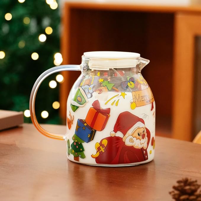 JIDOC 1100ml/37.68oz Christmas Glass Pitcher with Lid,Iced Tea Pitcher Carafe for Coffee, Juice, Lemonade and Milk