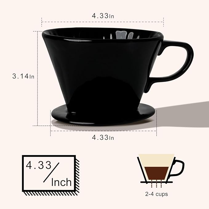 Handmade Pour Over Ceramic Coffee Dripper - Authentic Brewing Experience for Camping, Office, and Home (Black)