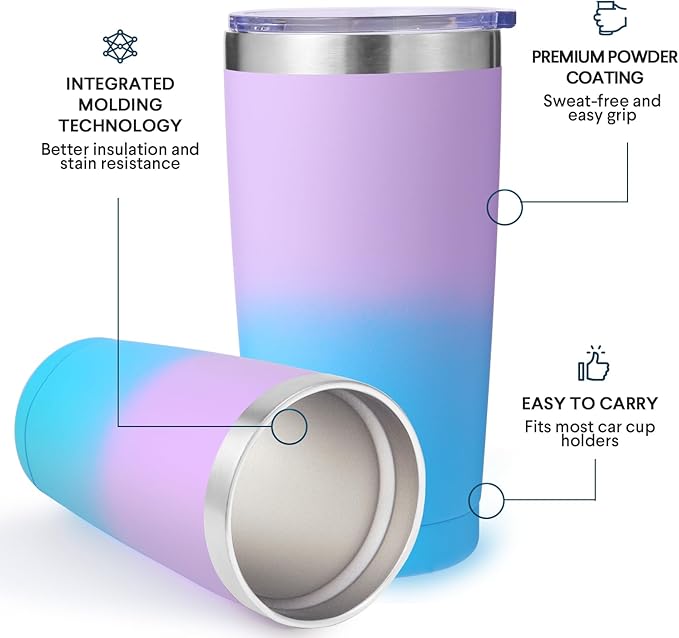 Volhoply 20oz Stainless Steel Tumbler with Lid and Straw Bulk 4 Pack,Double Wall Insulated Travel Iced Coffee Mug Fits Cup holder,Powder Coated Cups for Hot/Cold Drinks,Gifts for Women（lavender,4 Set）