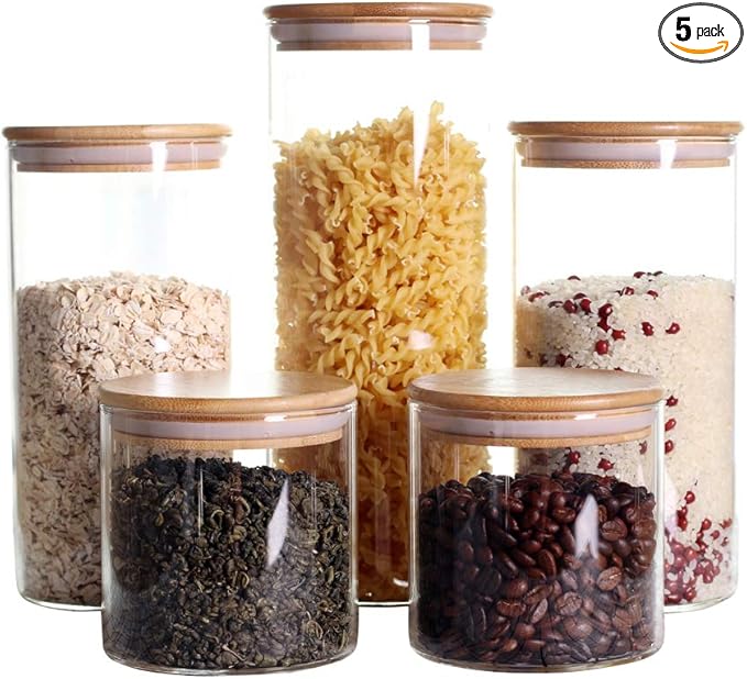 Stackable Kitchen Canisters Set, Pack of 5 Clear Glass Food Storage Jars Containers with Airtight Bamboo Lid for Candy, Cookie, Rice, Sugar, Flour, Pasta, Nuts
