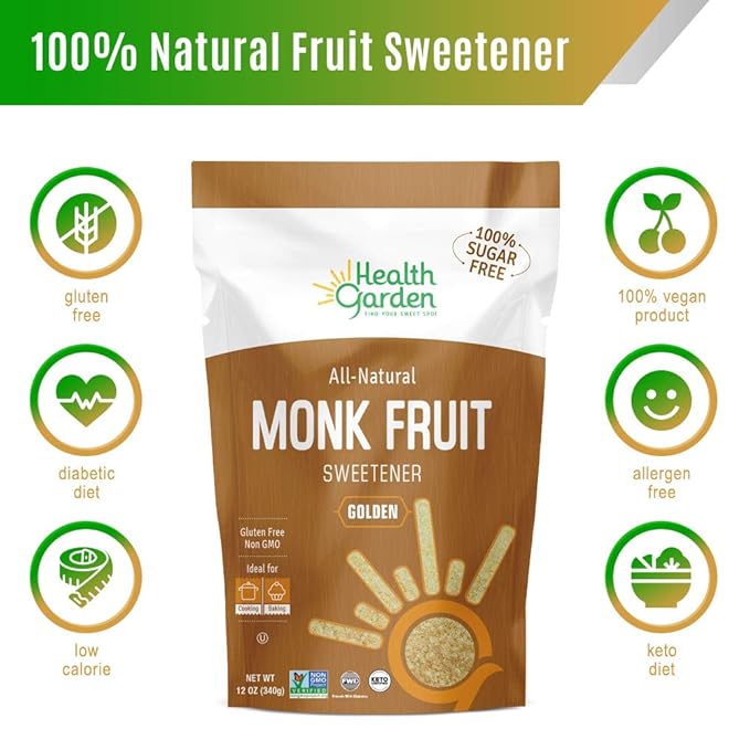 HEALTH GARDEN Monk Fruit Sweetener, Golden- Non GMO - Gluten Free - 1:1 Sugar Substitute - Kosher - Keto Friendly (12 oz)