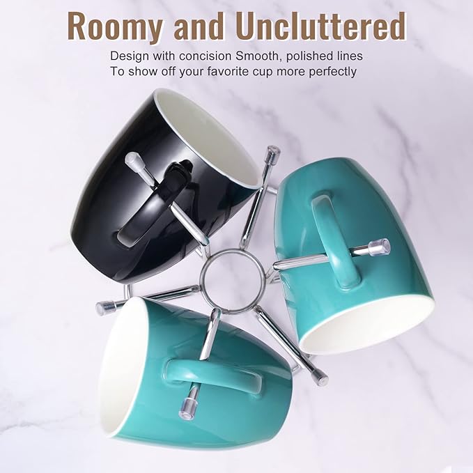 HULISEN Coffee Mug Holder for Countetop, Cup Tree for Counter Large Mugs with 6 Hooks, Metal Cup Holder Stand, Standing Rack Display for Coffee Bar, Silver