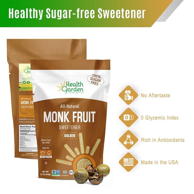 HEALTH GARDEN Monk Fruit Sweetener, Golden- Non GMO - Gluten Free - 1:1 Sugar Substitute - Kosher - Keto Friendly (12 oz)