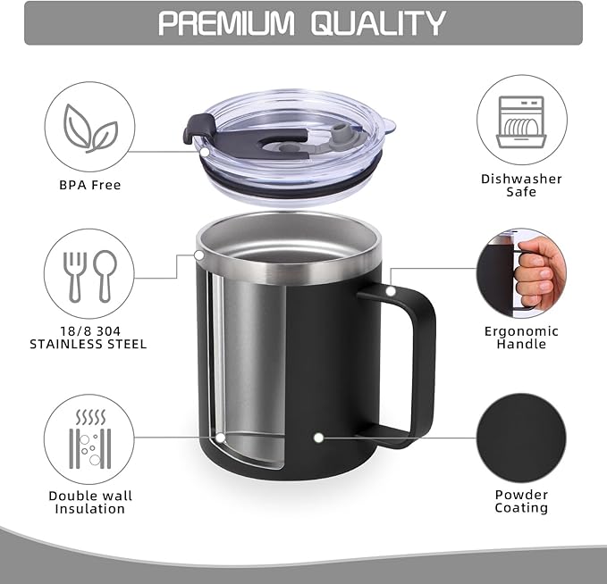 Volhoply 12oz Insulated Leakproof Coffee Mug with Flip & Straw Lid,Double Wall Vacuum Stainless Steel Travel Cafe Tumbler Cup with Handle,Reusable Camping Mugs Keep Cold/Hot(Black,1 Set)
