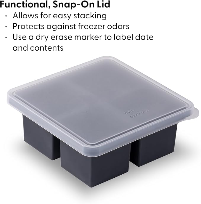 W&P Cup Cubes Silicone Freezer Tray with Lid, Blue, Makes 4 Perfect 1-Cup Portions, Freeze & Store Soup, Broth, Sauce, Leftovers, Dishwasher Safe, 4-Cup