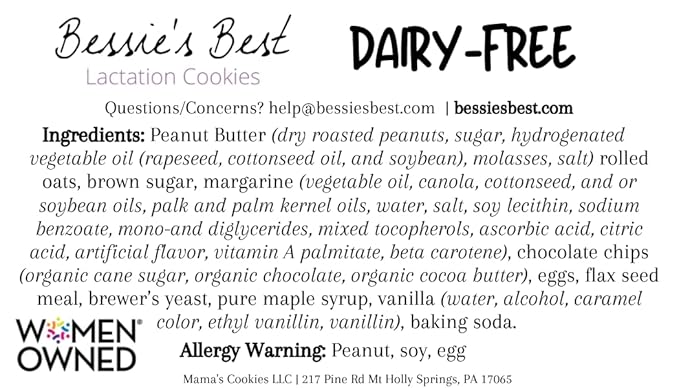 Bessie’s Best Lactation Cookies | Dairy Free Lactation Cookies | Oatmeal Peanut Butter Chocolate Chip | Increase Milk Supply | Breastmilk Boosting Cookies | Breastfeeding Snacks | 3 Dozen