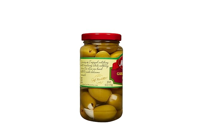 Mezzetta Garlic Stuffed Olives - Greek Green Olives with Fresh Garlic from California - Savory Flavor for Grilled Steak and Appetizers - 100% Natural Gourmet Snack Non-GMO - 6 Oz Jar - Pack of 6