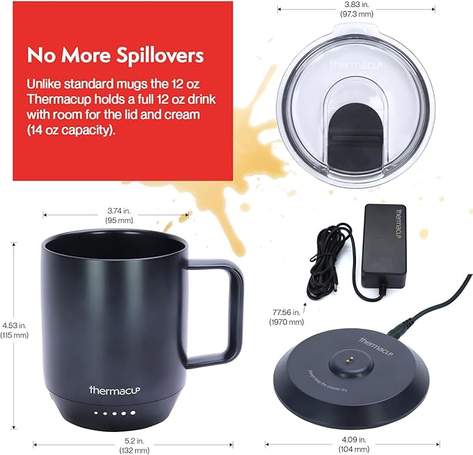 Mega 8-Hour Battery Self-Heating Coffee Mug with | Temperature Controlled Steel Smart Mug with Lid, 14oz (12oz with Lid) | Perfect Holiday Gift for Coffee & Tea Lovers