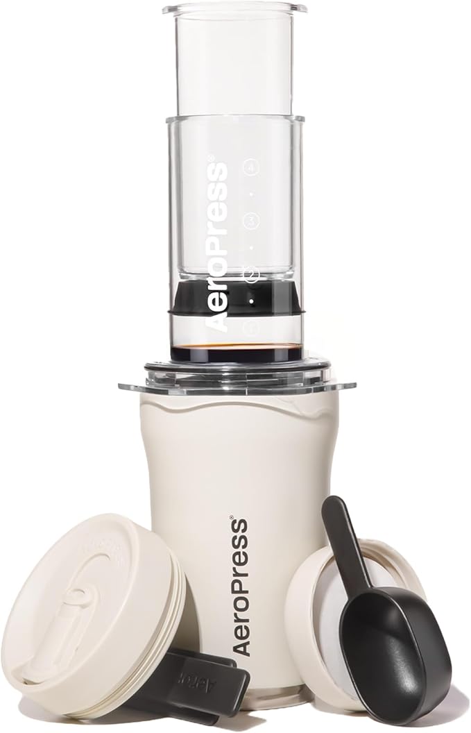 AeroPress Go Plus, Small Portable Coffee Maker Kit, Travel, Camping & Office, All-in-One French Press, Pour-Over & Espresso Style Manual Brewer, 2 Min Brew for Less Bitterness, More Flavor, Cream