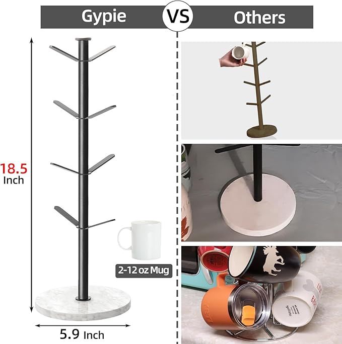 Marble Mug Holder Tree, 8 Hooks Coffee Cups Stand, New Upgraded Stable Mug Stand for Kitchen Counter Cabinet Cafe Black