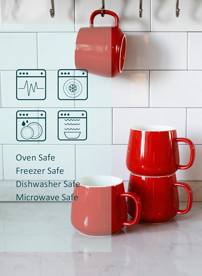 Teocera Ceramic Coffee Mug Set of 4-12 oz Coffee Mugs with Large Handles for Hot or Cold Drinks Like Latte, Cocoa, Tea or Juice - Smooth Ceramic, Dishwasher Safe, Red