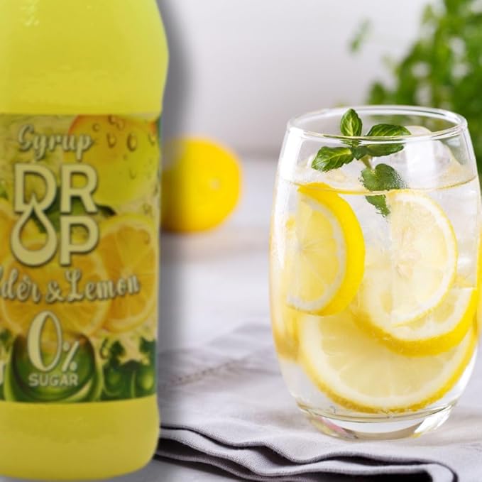 Drop Elder & Lemon Sugar-Free Syrup,Natural Stevia,100% Pure Extract,Natural Sweet,16.9floz,Premium Flavoring,30% Concentrate,Zero Calories,Non-GMO Diabetic & Keto-Friendly,Ideal for Drinks & desserts