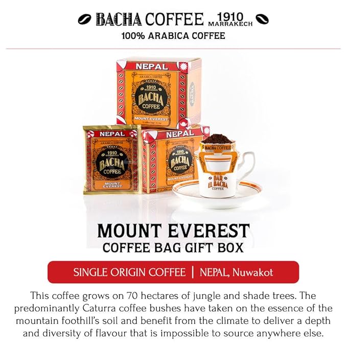 Bacha Coffee | Mount Everest Nepal Single Origin, 100% Arabica Specialty Coffee Beans, Medium Dark Roast, x12 Individually Wrapped Single Serve Filter Bags