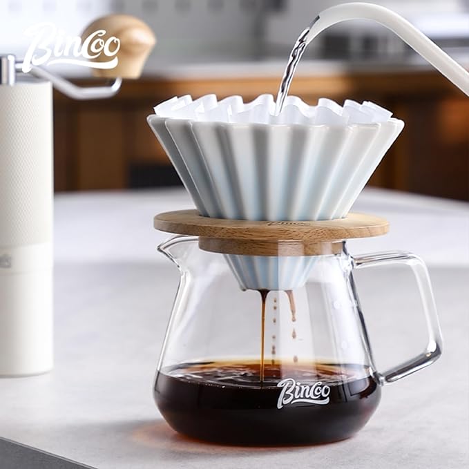 Bincoo Ceramic Coffee Dripper,Pour Over Coffee Dripper with Wood Stand, Flower-shape for 1-2 Cups Slow Brewing Maker for Home Cafe (Blue)