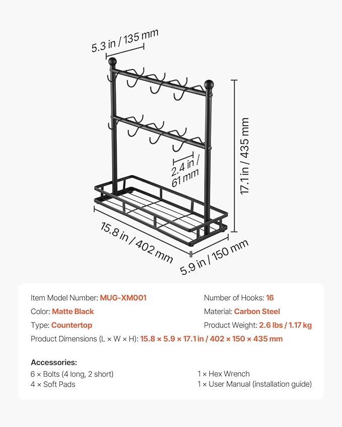 VEVOR Coffee Mug Holder for Countertop, 16 Hooks coffee mug holder stand, 2 Tier Mugs Tree Rack Carbon Steel Mug Display Stand, for Home Coffee Bar Storage and Display (Matte Black)